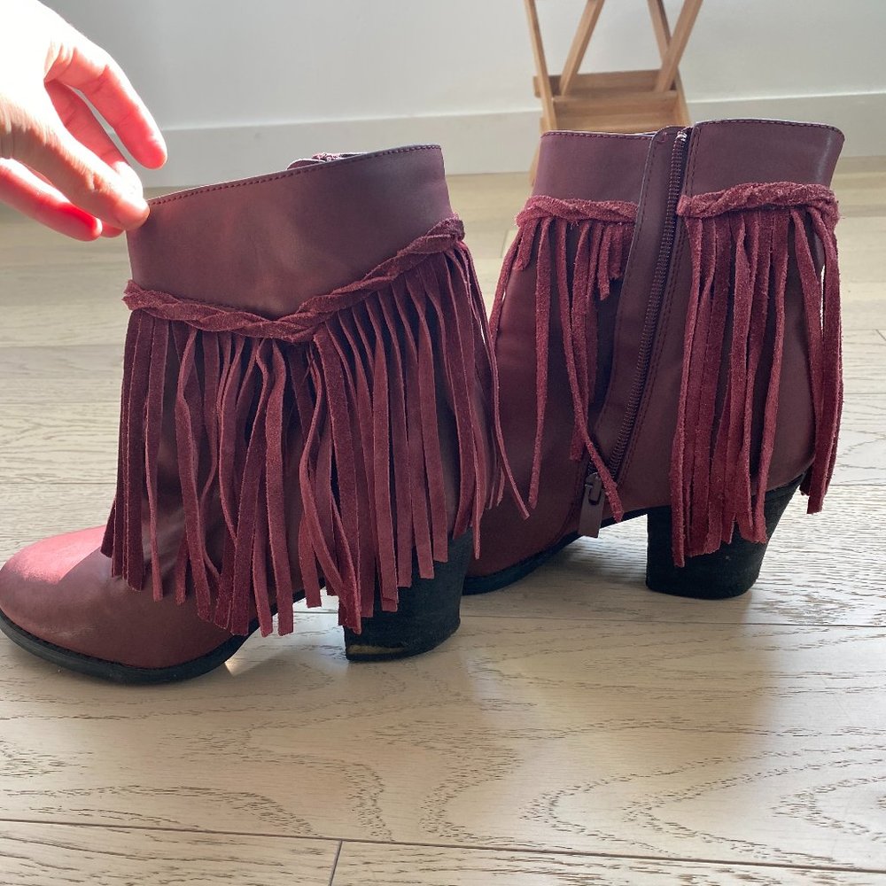Burgundy Faux Leather Fringe Trim Ankle Block Heel